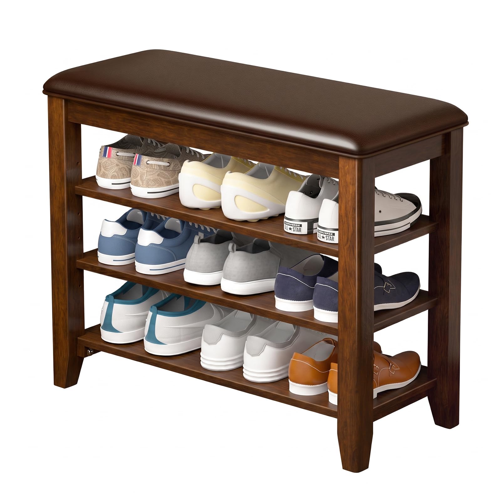 Taitiy Shoe Bench with 3 Tier Adjustable Shelves Rubberwood Entryway 23.6''