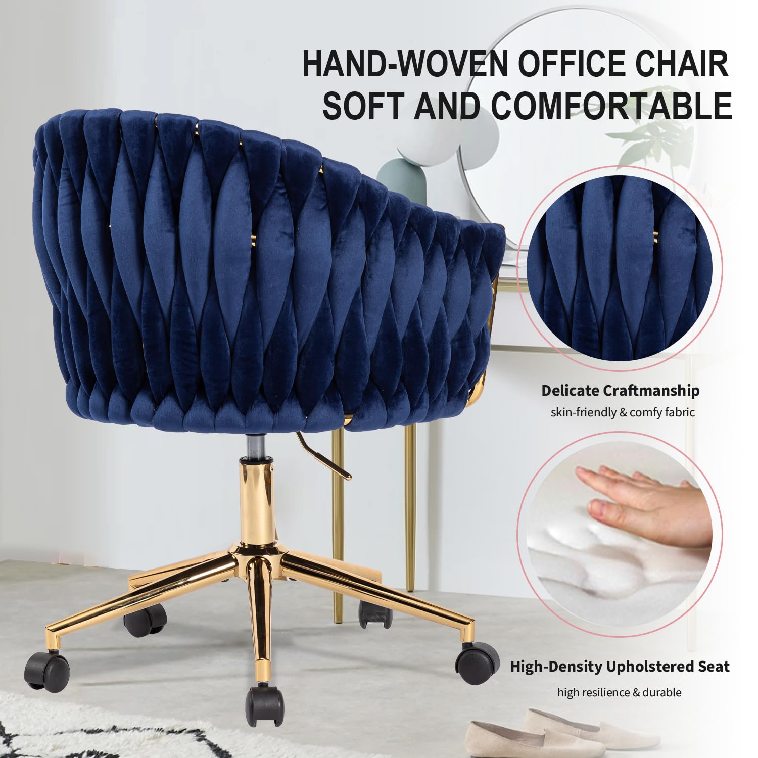 Comermax Velvet Office Chair with Hand Woven,  Vanity Chairs with Golden Wheels, 360° Swivel Home Office Desk Chair Computer Chairs, Accent Chair Makeup Chair for Bedroom, Living Room(Black): Blue
