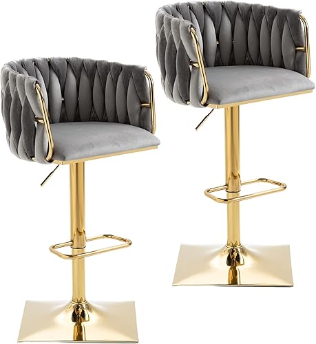 Winwee Taburete de cocina vintage de poliéster con base dorada, taburetes de bar giratorios, silla de bar ajustable con respaldo y marco resistente,