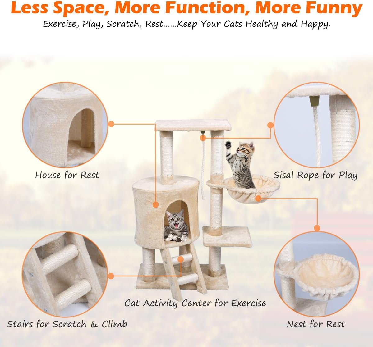 FIRSTWELL Cat Tree Condo Tower with Scratching Posts Kitty Trees House Bed Furniture for Kittens Beige, PCT012