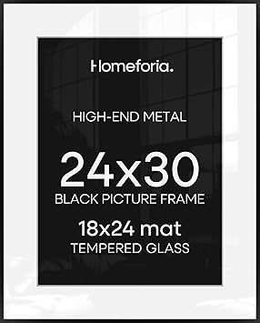 Homeforia 24x30 Poster Frame Black, High End Metal 24 x 30 Picture Frames with Mat 18 by 24 inches Photo, 24x30 Black Frame Matted to 18x24 Print, 30x24 Large Frame, Tempered Glass, Wall Kit, Set of 1