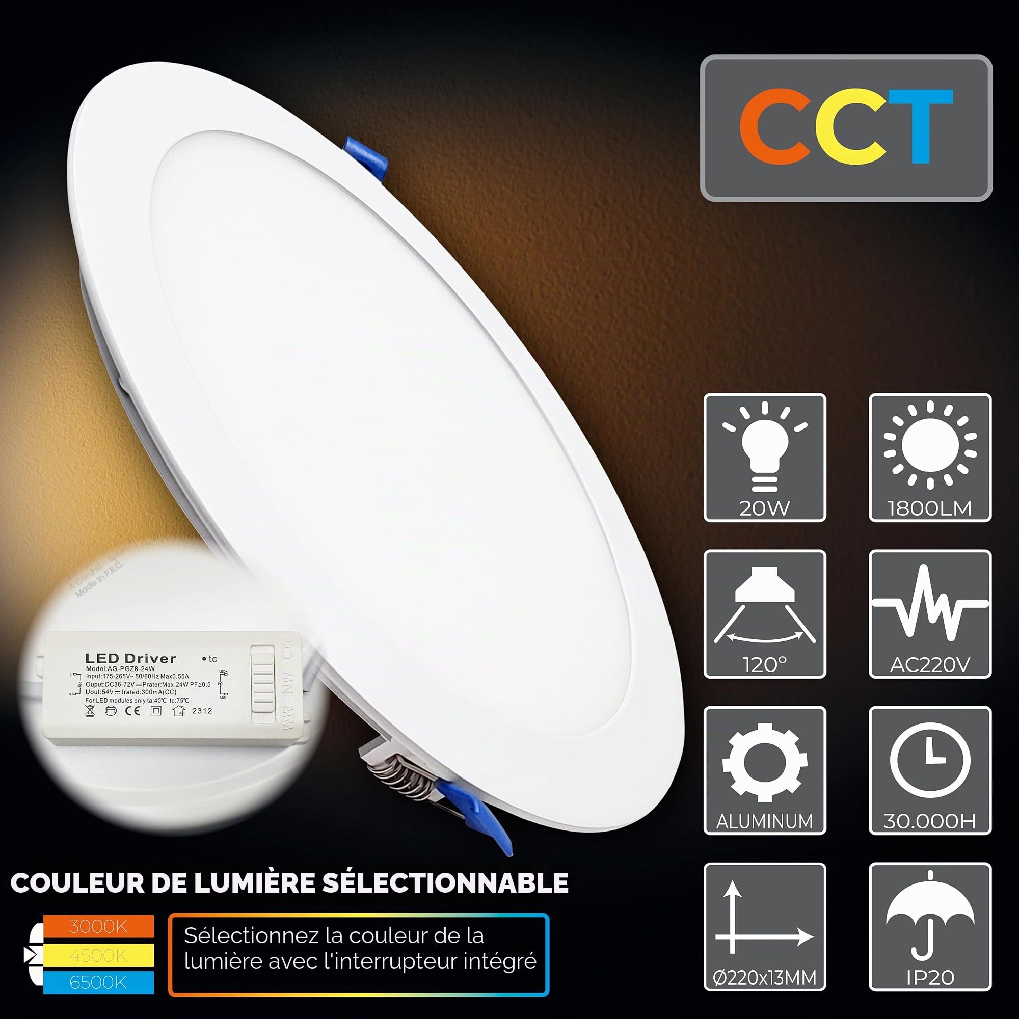 ATOMANT Lot de 5 Panneau LED Encastrable Downlight Rond Plat 220mm 20W CCT 1800 Lumens Driver inclus