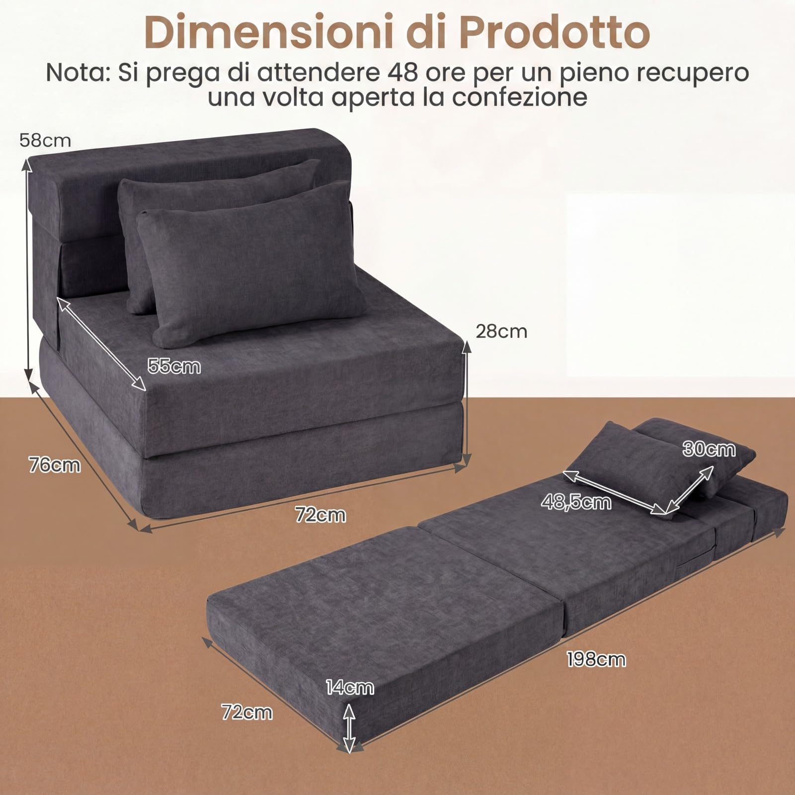 SOARS Divano Letto 2 Posti Pieghevole, 3 in 1 Divanetto Trasformabile con 2 Cuscini, Schiuma ad Alta Densità e Rivestimento in Tessuto Chenille, Poltrona Letto per Soggiorno (Grigio,72 x 76 x 58 cm)