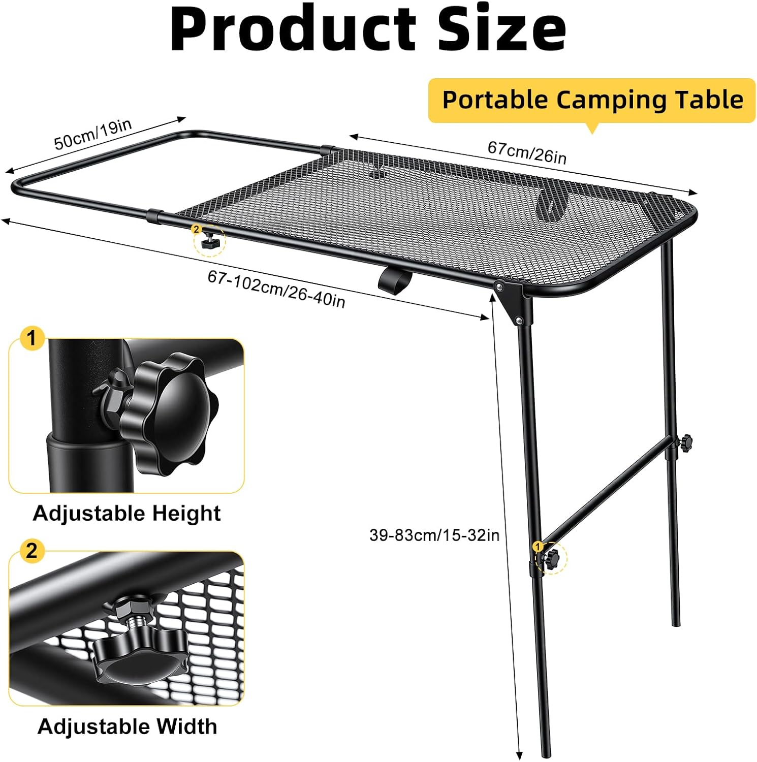 Tire Camping Table Car Wheel Car Table, Foldable Heavy Duty Travel Tables for Car Camping, Picnic, BBQ & Outdoor Cooking (26 x 19 in) Black 26-40 * 19 * 15–32in (Adjustable)