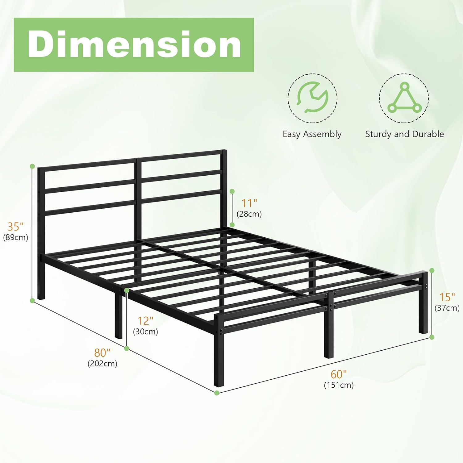 12 Inch Queen Bed Frame with Headboard and Footboard, Classic Metal Platform Bed Frame Queen Size, Under Bed Storage, No Box Spring Needed, Easy Assembly, Noise Free, Black