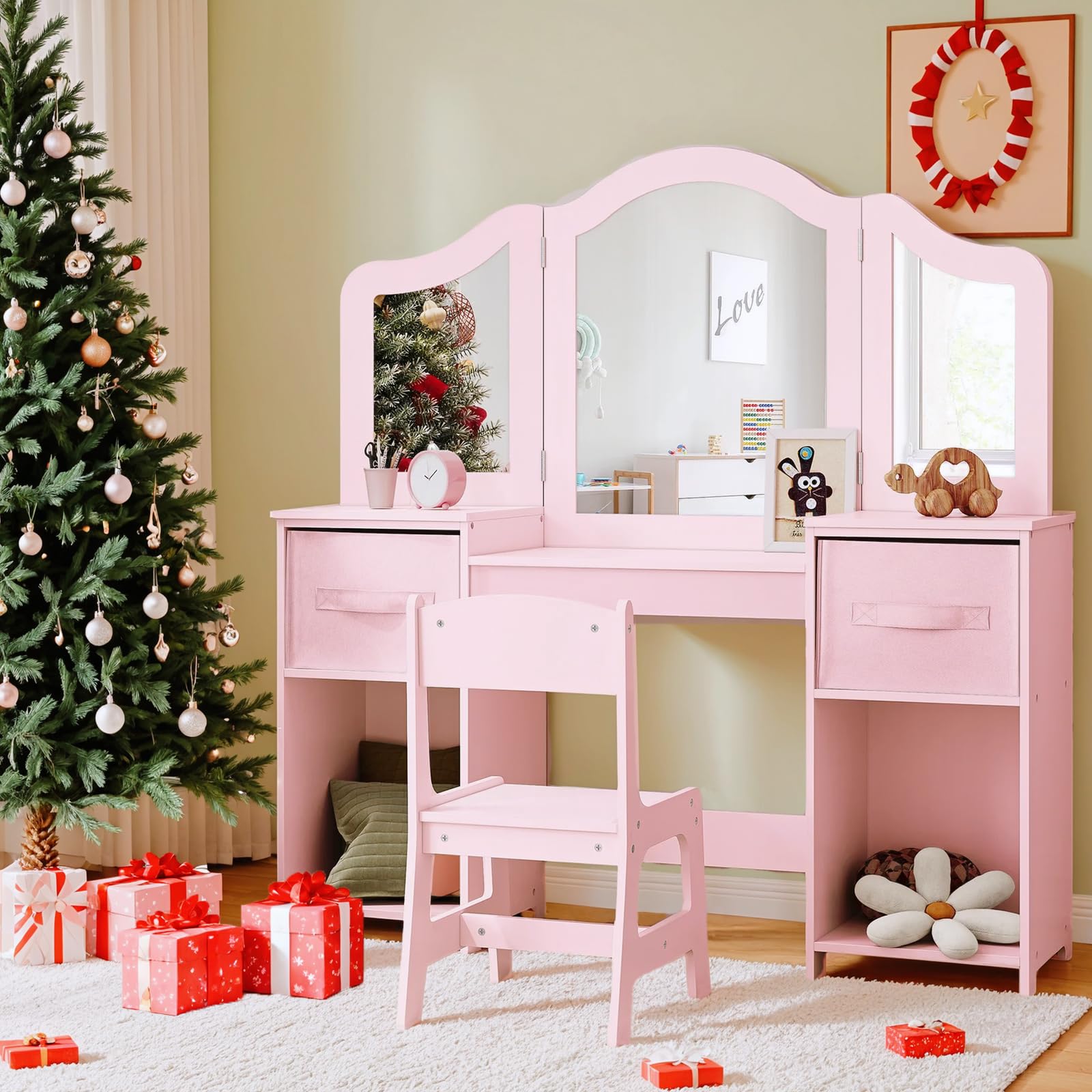 Clevich Schminktisch Kinder Set, 2 in 1 Prinzessin Frisiertisch mit Abnehmbarem Spiegel, Schreibtisch aus Holz mit Hocker & Aufbewahrungsbox, Schminktisch Mädchen, Schminktische für Kinder, Rosa