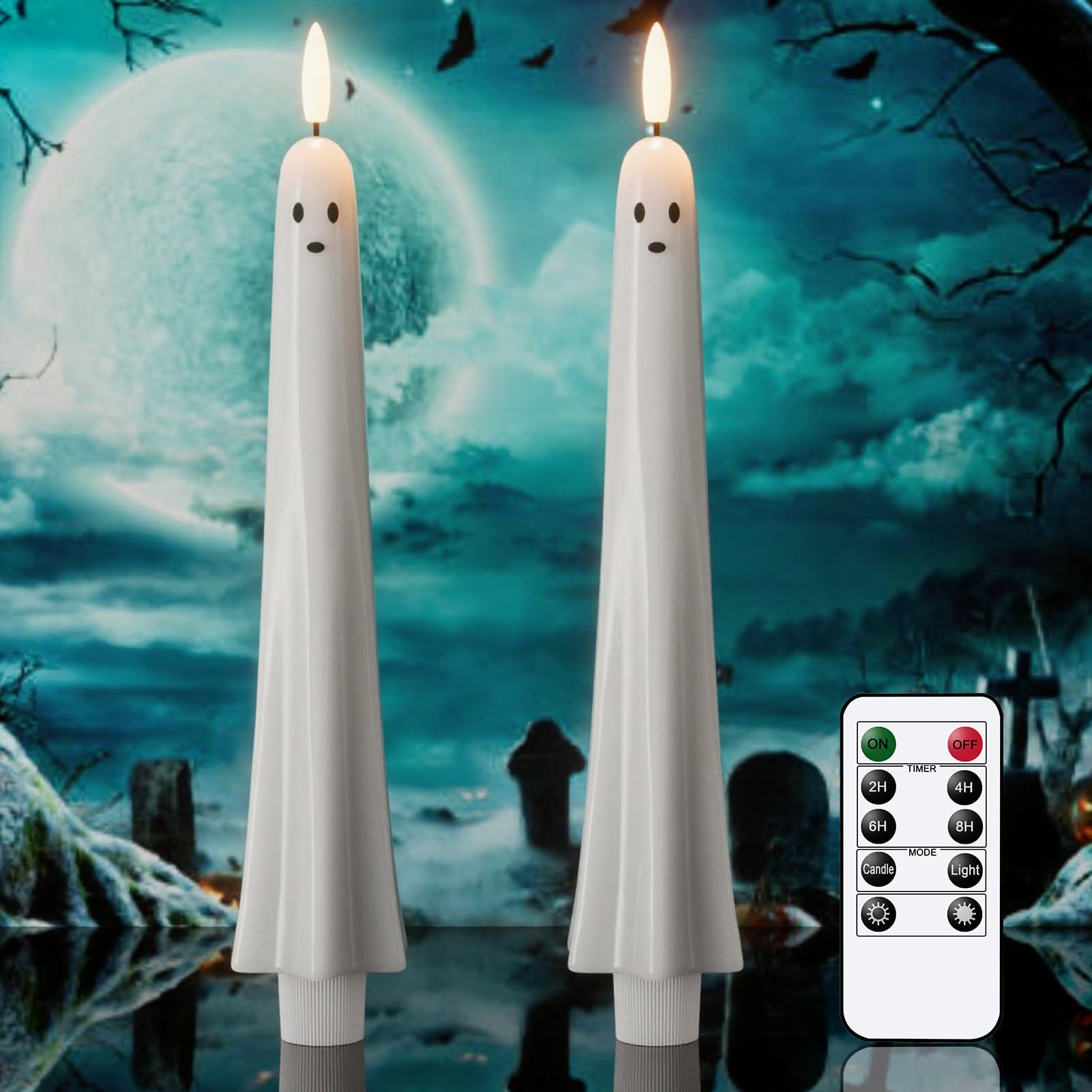 Eldnacele Ghost Halloween Flameless Taper Candles Battery Operated with Remote Timer Set of 2 White LED Flickering Candle Real Wax 3D Wick Long Lasting Spooky Dinner Indoor Decor(0.79" D x 9.5" H)