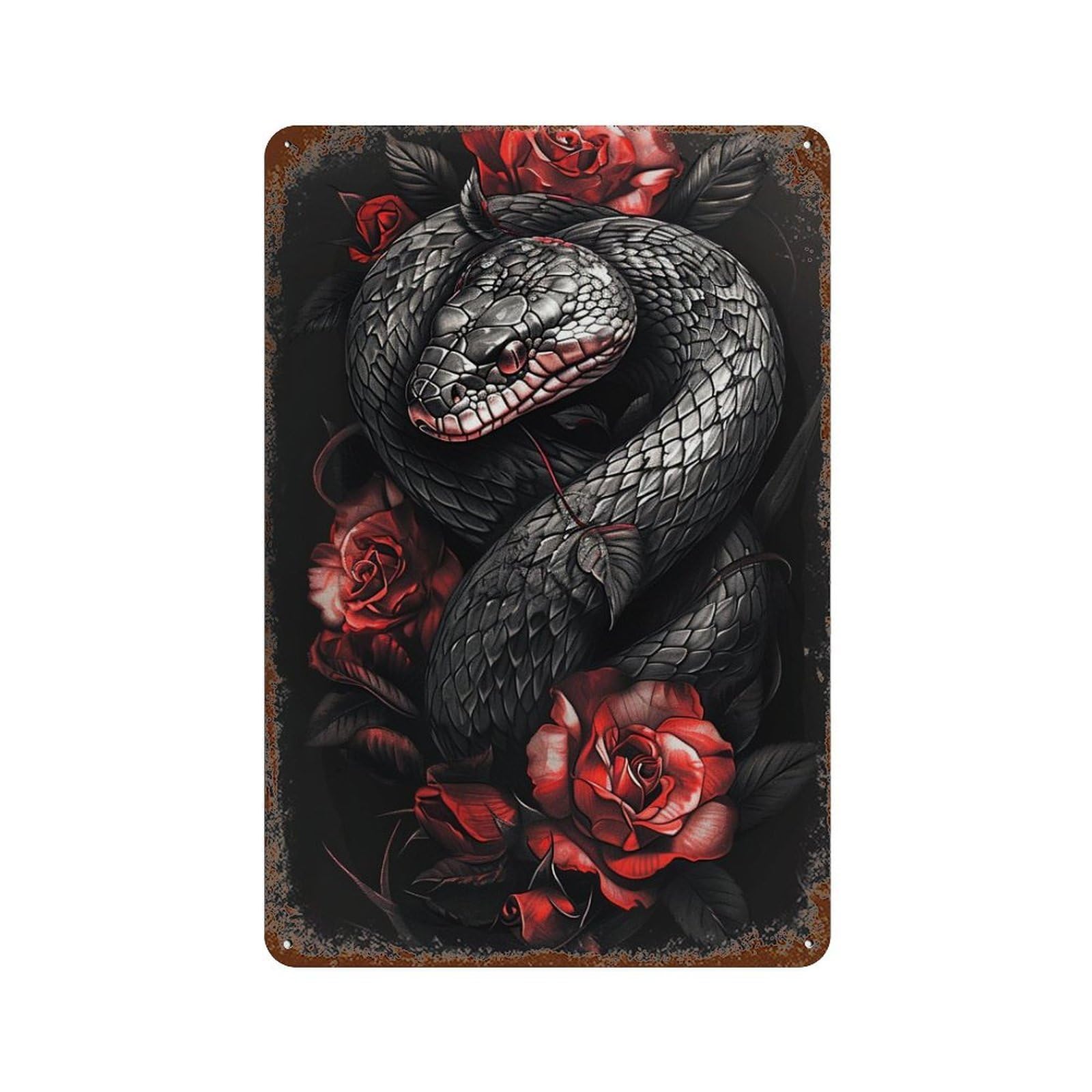 Garage Style Black Snake with Red Roses Tattoo Design Distressed Metal Wall Sign 11.8"x7.9", Classic Wall Plaque for Bar And Workshop