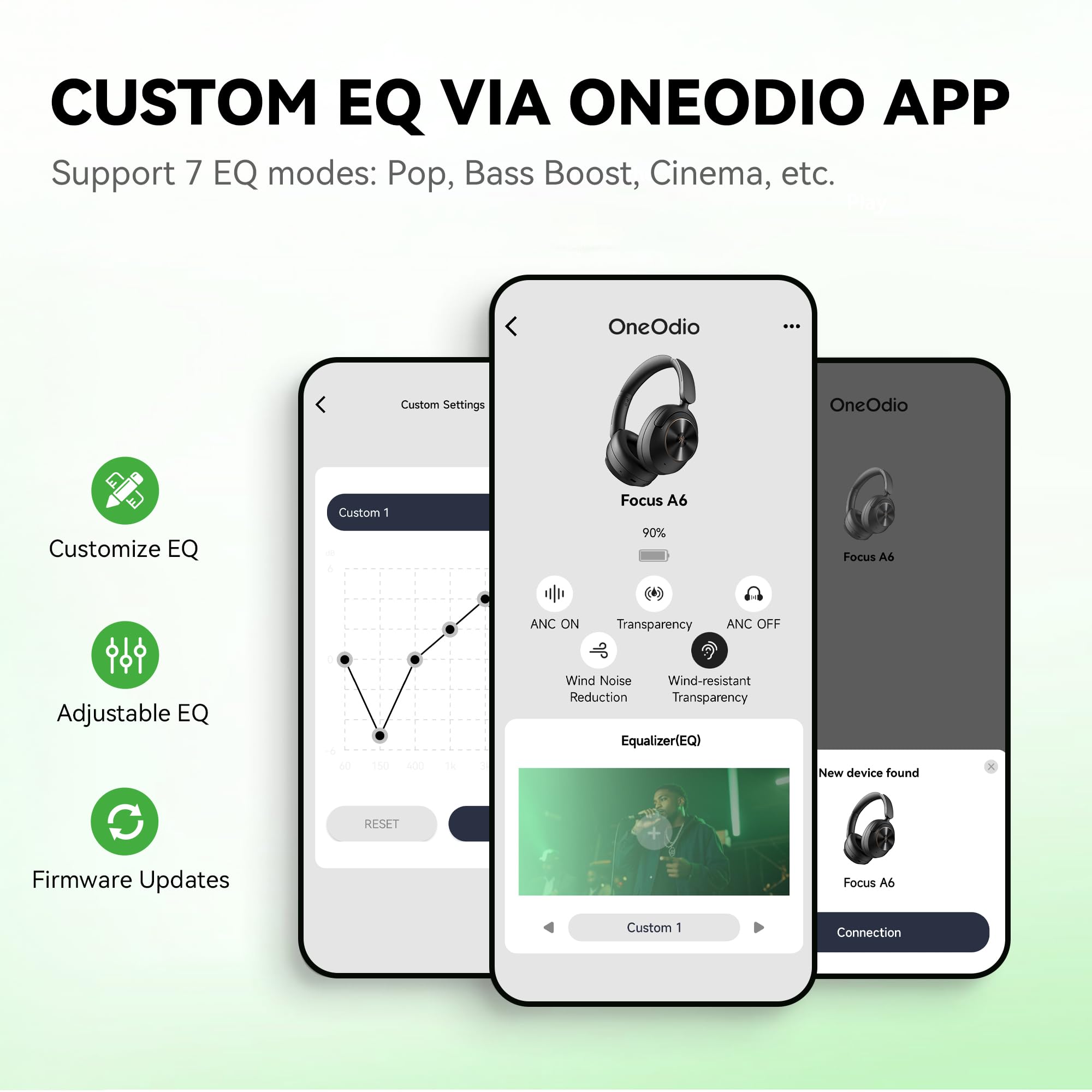 OneOdio Focus A6 Hybrydowe słuchawki z aktywną redukcją szumów, czas odtwarzania 75 godzin, bezprzewodowe słuchawki nauszne Bluetooth z LDAC Hi-Res Lossless Audio, Bluetooth 6.0, sterowanie aplikacją