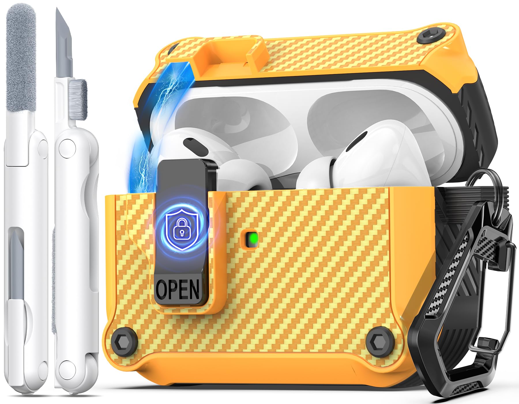Photo 1 of R-fun Compatible with AirPods Pro 2nd Generation 2023(USB-C),2022(Lightning Cable),1st Gen 2019 Charging Case, Full Drop Protection Auto Pop-Up Lid Design with Cleaner Kit,Fiber Yellow