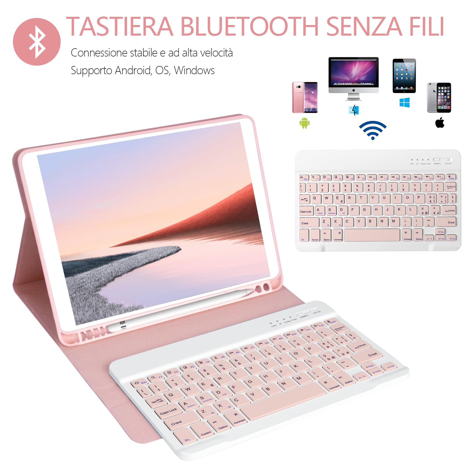 HOTLIFE Custodia Tastiera per iPad 10.2 7a Generazione 2019/8a Gen 2020/9a Gen 2021/iPad Pro 10.5/iPad Air 3, Magnetica Cover con Staccabile Bluetooth Wireless Layout Italiana Tastiera(Rosa)