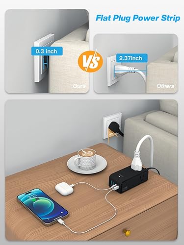 Miniatura 5 de BSEED Regleta de alimentación con USB, extensión de 3 tomas de corriente, 3 puertos USB, protector de sobretensión, estación de carga de escritorio