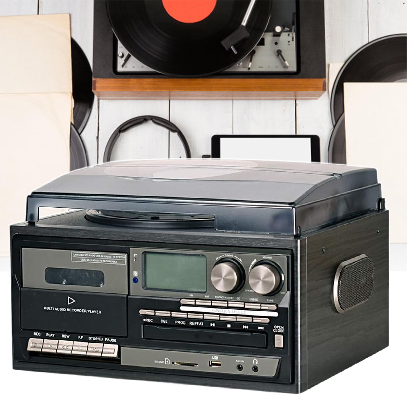 WDWDW Cassette Player Bluetooth CD Boombox Portable Radio Record with 3-Speed Turntable,AM/FM,USB/SD Input,and Remote Control