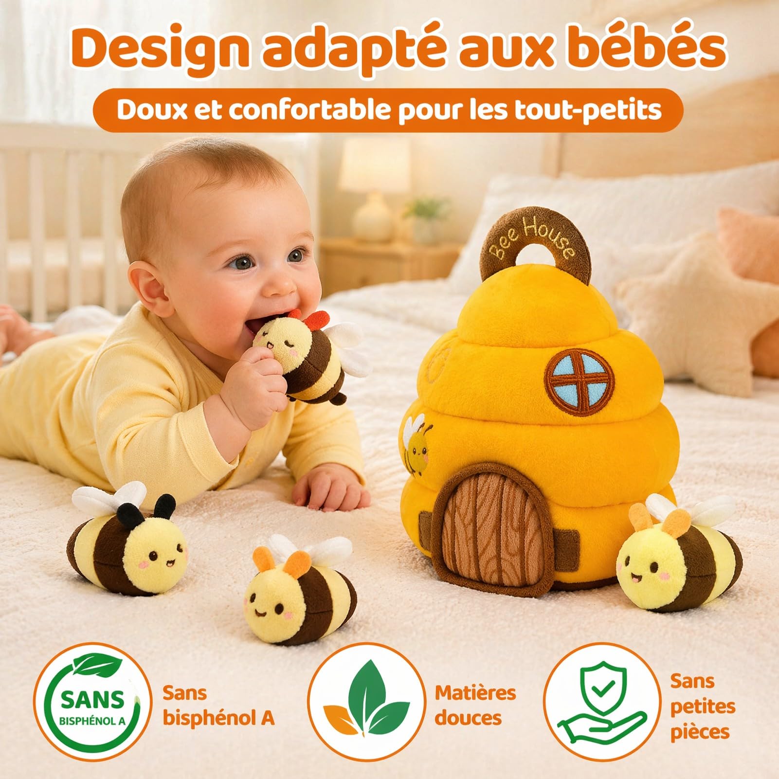 Jouet pour bébé de 6 à 12 mois, ruche avec 5 abeilles, jouet sensoriel Montessori avec musique, hochet, miroir, jeux éducatifs et jouets de motricité, cadeaux pour enfants de 1, 2, 3 ans