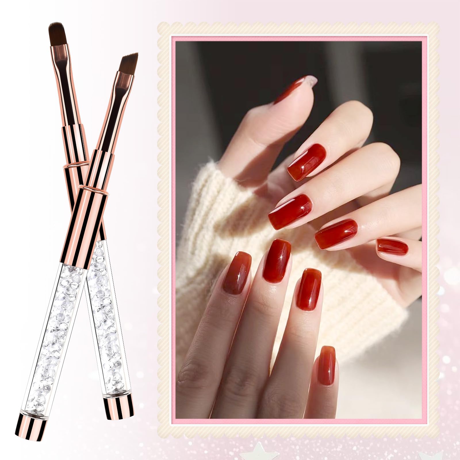 Rhinestone Handle Professional Nails Art Tools Oval Nail Builder Gel Brushes 2 Pack Fine Angled Gel Brush Nails Brushes for Nail Art for Professional DIY Home
