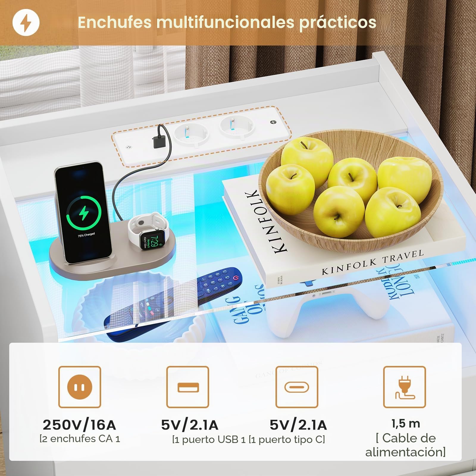 Mesitas de Noche con Estación de Carga, Mesilla de Noche con LED y Plano de Cristal, Mesa Auxiliar con 3 Cajones y 1 Compartimento Abierto, Mesa de Noche Cajonera Dormitorio Moderna para Salón