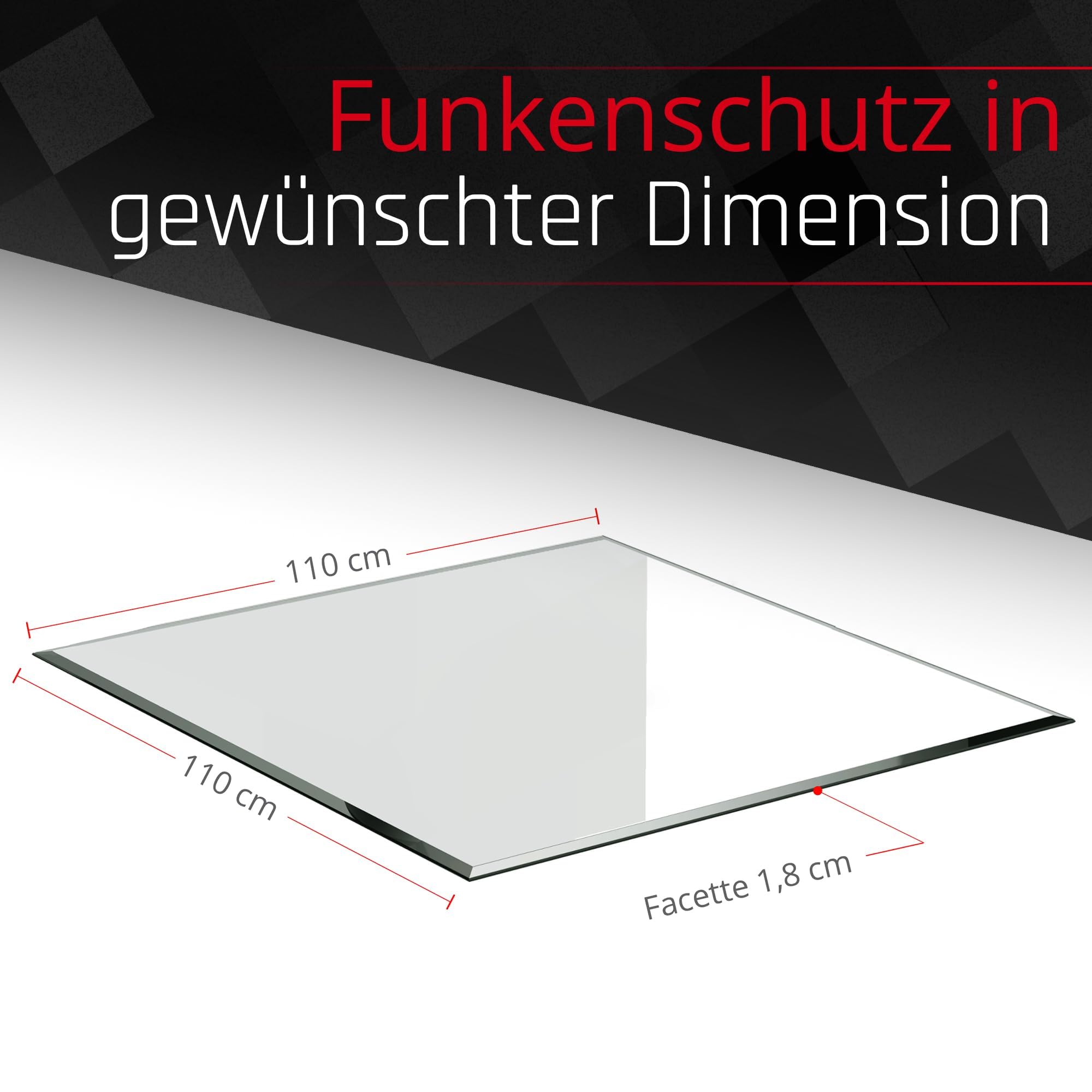 BIJON Glasplatte Quadrat für Kaminofen mit Dichtlippe, Glasbodenplatte - Funkenschutzplatte Glas mit Facettenschliff, Kaminglas Bodenplatte, Stärke 6mm 110x110 cm