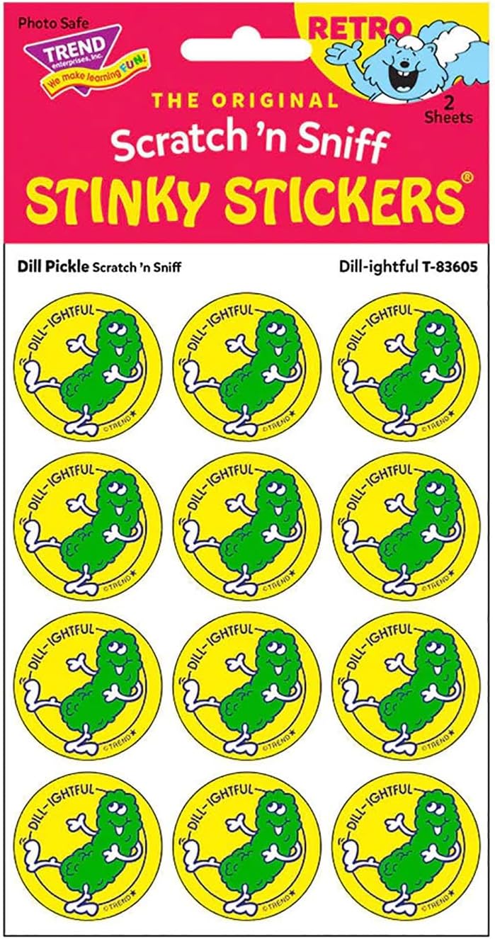 Dill-ightful/Dill Pickle Scent Scratch 'n Sniff Retro Stinky Stickers by TREND; 24 Seals/Pack - Authentic 1980s Designs!