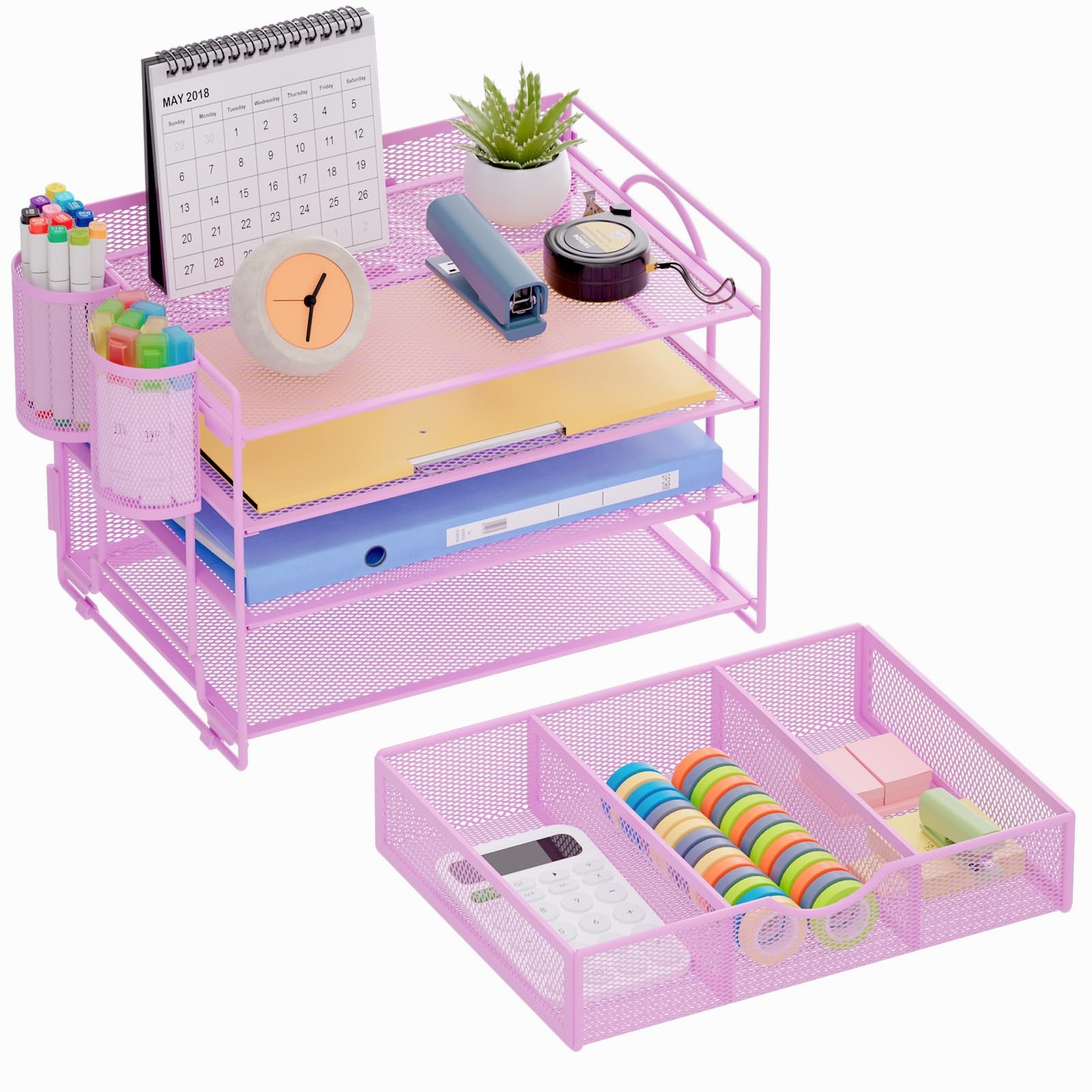 Marbrasse Organizer da scrivania a 4 vassoi con 2 portapenne, porta documenti da appendere al tavolo con cassetto, organizer per vassoio per lettere (viola)