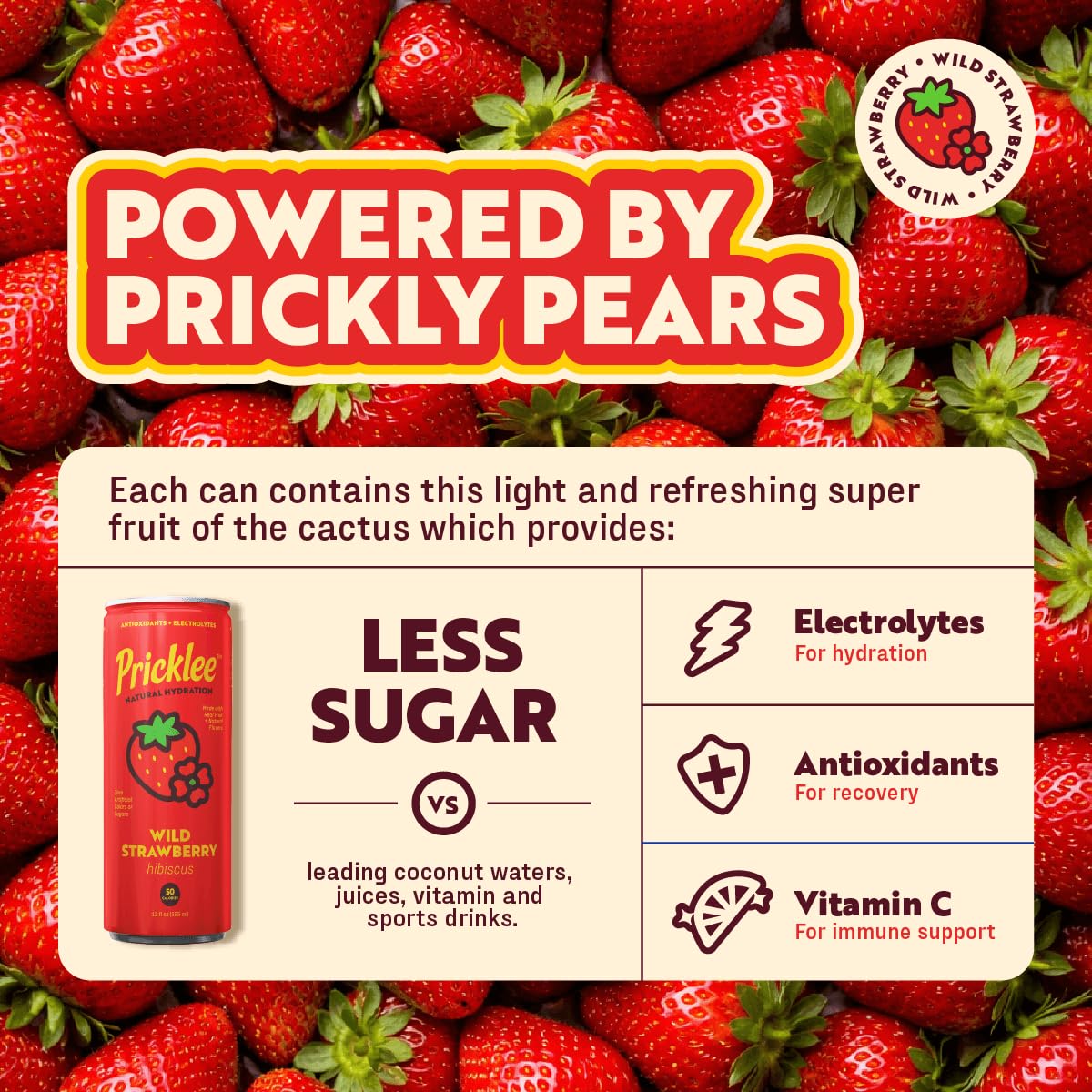 Pricklee Natural Hydration Drink – Wild Strawberry Hibiscus – Electrolytes + Antioxidants, Low Sugar, No Artificial Sweeteners – Non-Carbonated, Caffeine-Free – Cactus Water-Based (12 oz cans, 12 pack)