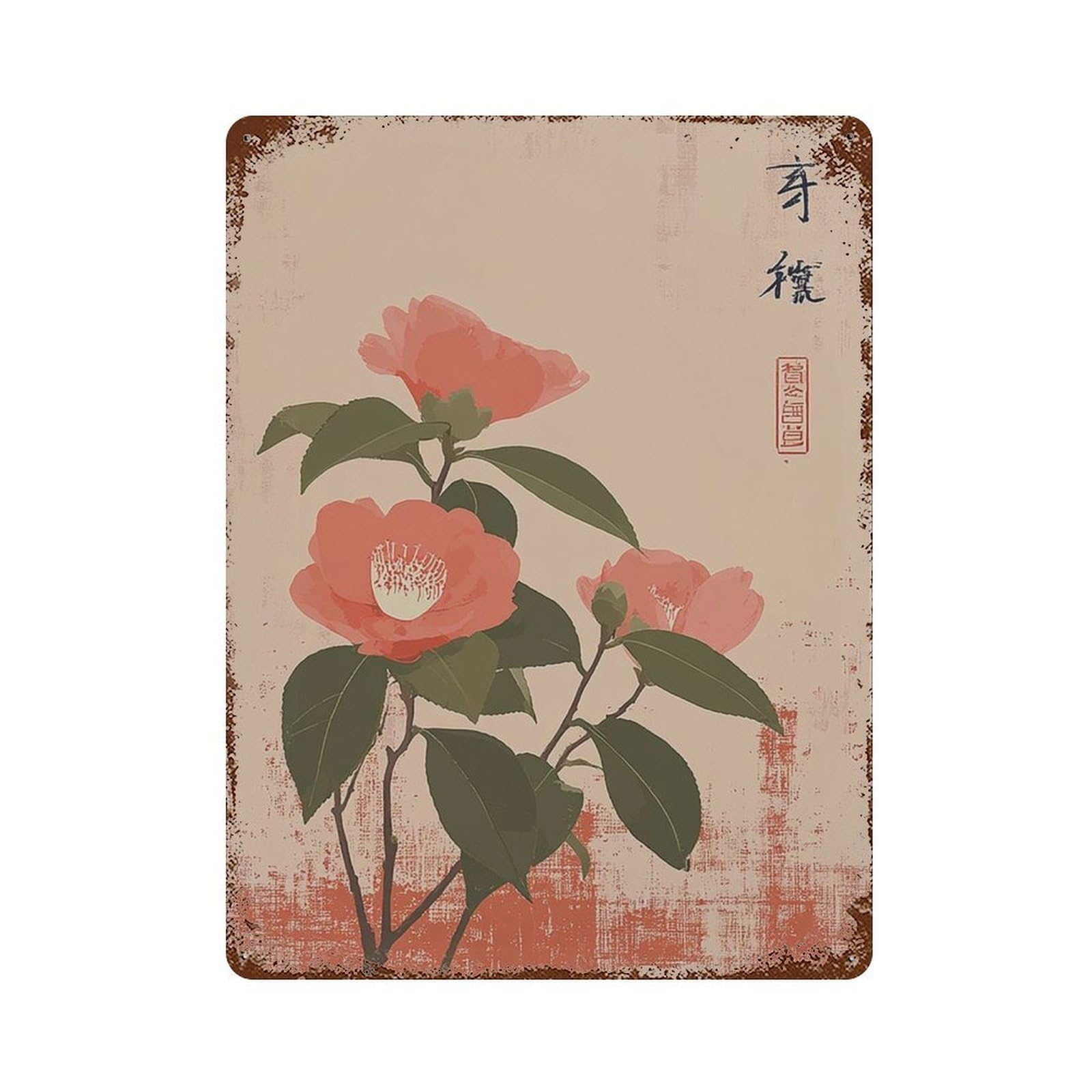 xiaoxiaoshen Camellia Flower Japanese Botanical In Peach And Green Style Wall Decor Art Metal Tin Poster Modern Home Decor Art Home Bar Shop Decorations Vintage Sign 40x30cm