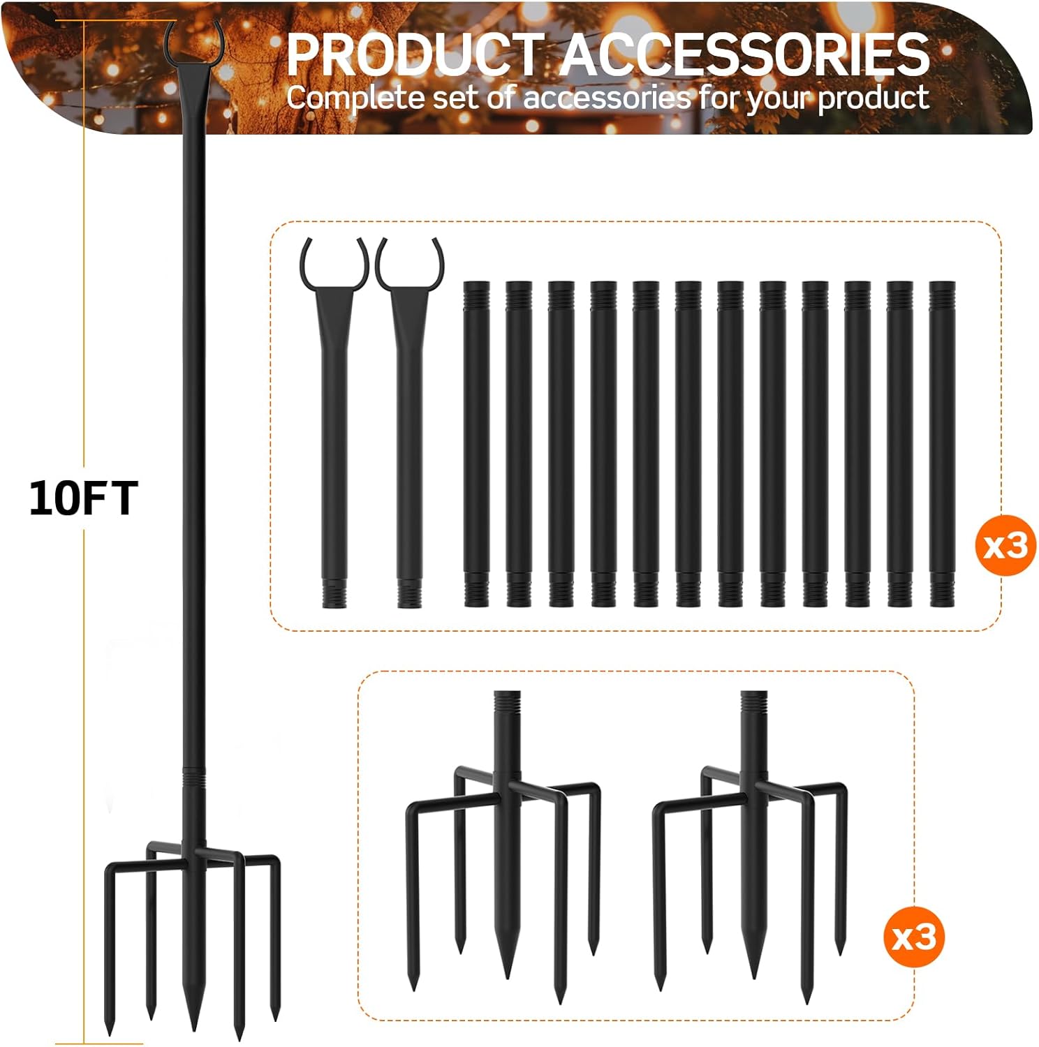 String Light Poles for Outside, 10ft Outdoor Poles for String Lights, Heavy Duty Stepped-in 5-Prong Base Light Pole for Backyard, Patio, Garden, Wedding & Party Decor (Set of 6, Black)