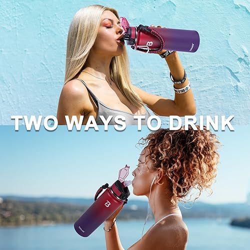 Miniatura 7 de Botella de agua aislada de 32 onzas con tapa de popote, tapa de boquilla y mango de paracaídas, botella de agua de acero inoxidable boca ancha,