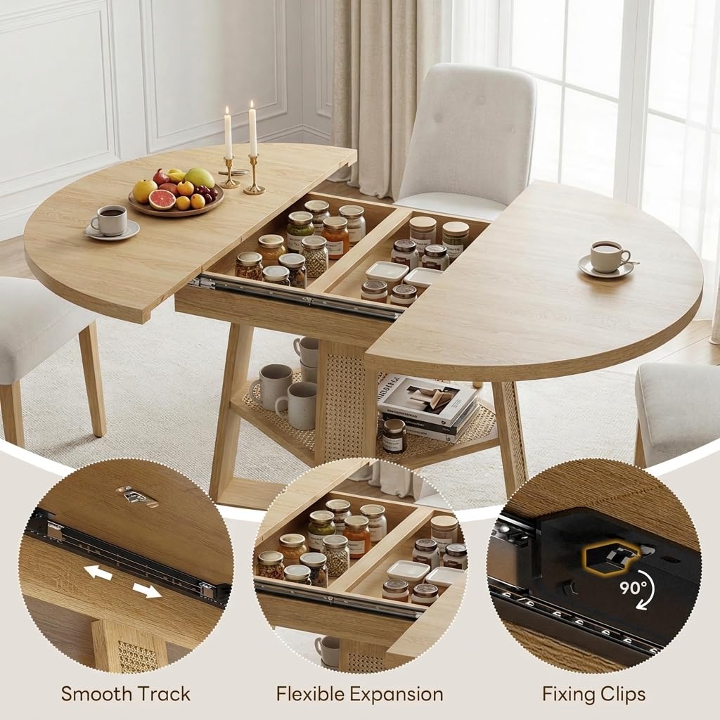Ausziehbarer Esstisch rund 100-140 cm mit Rattan-Design und Ablage