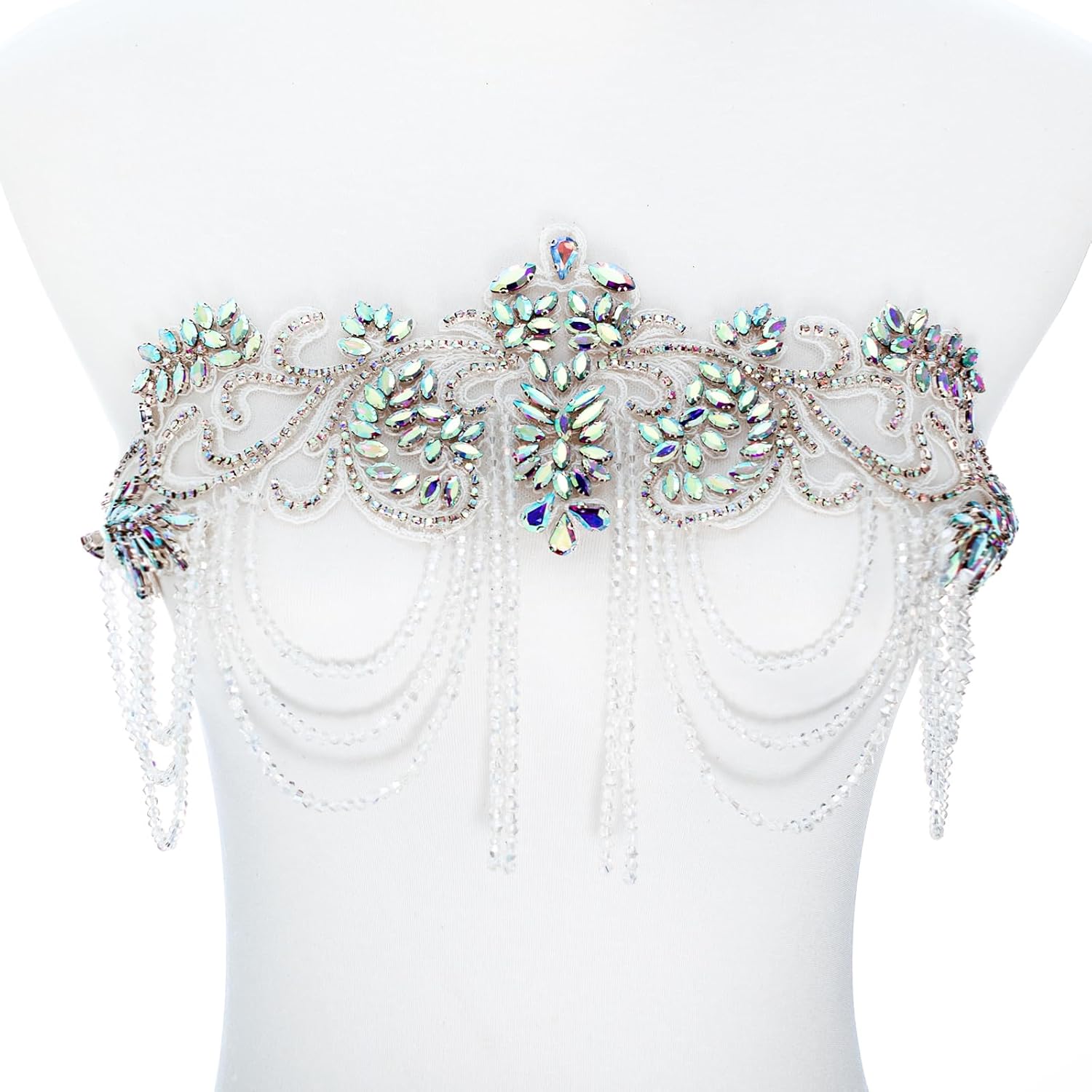 Clear AB Beaded Rhinestones Applique Embellishment for Clothes,Epaulettes Shoulder Patches Sew-on Diamond Sequin Applique for Wedding Dress DIY Accessories Belt Waist Decoration