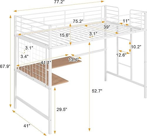 Miniatura 2 de GLORHOME Cama alta de metal tamaño individual con escritorio, rejilla de metal y gran espacio debajo de la cama, perfecta para dormitorio de niños y