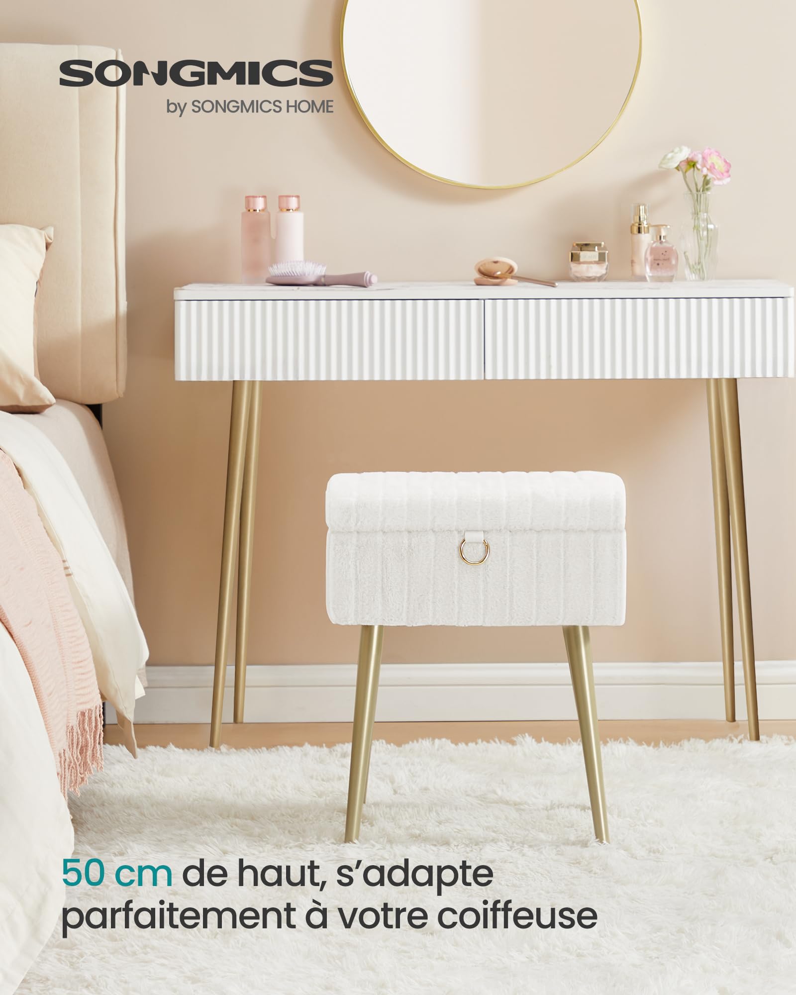 SONGMICS Tabouret de Coiffeuse, Tabouret avec Rangement, Repose-Pieds, Pieds en Métal, Rembourré, Pieds Réglables, pour Salon, Chambre, Dressing, Blanc Crème LOM505WZ02