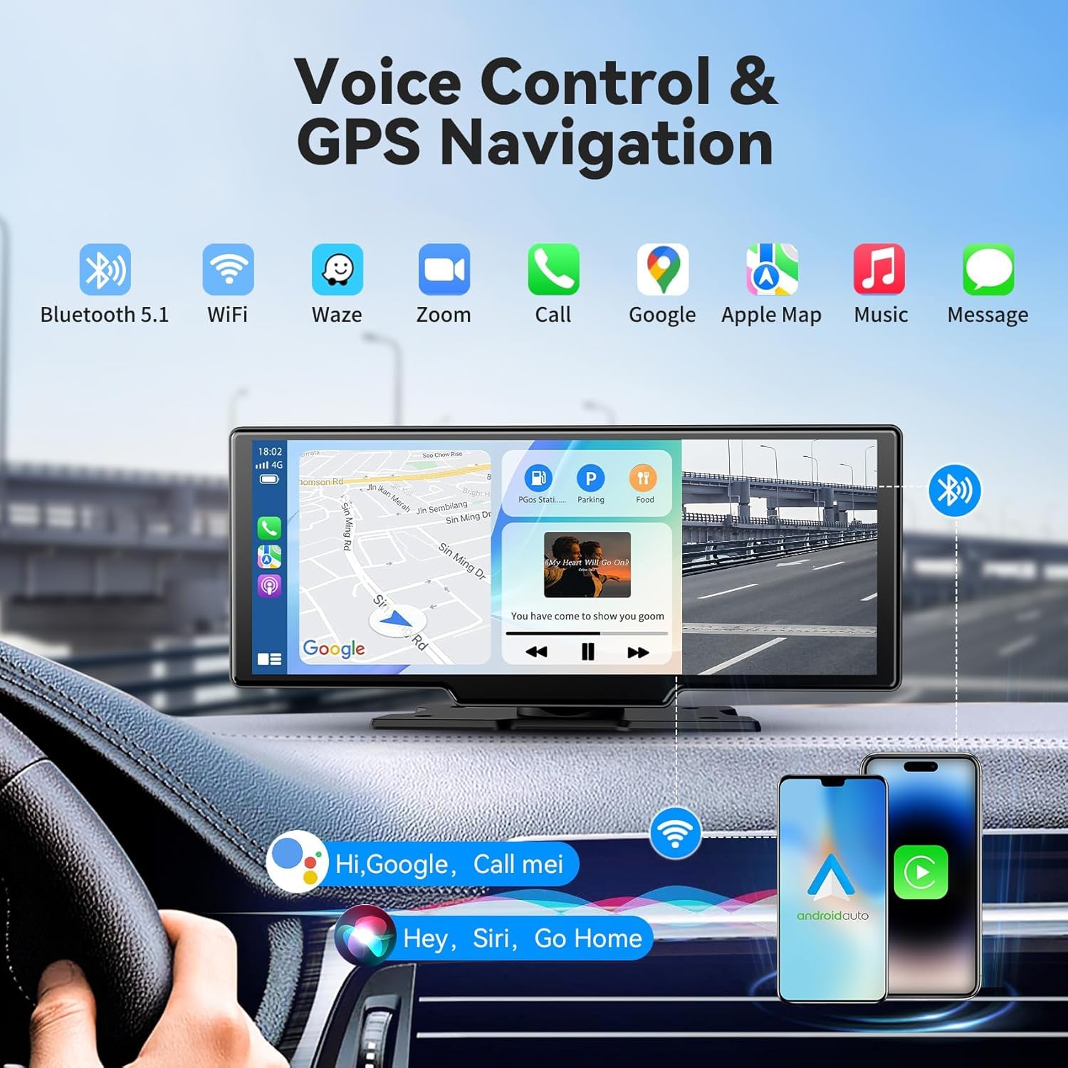Carplay Display Android Auto Display da 10,26 pollici Wireless Android Auto Display per Auto Touch Screen con Dash Cam, Telecamera di retromarcia, Bluetooth,Siri,Bluetooth,FM, AUX,Mirror