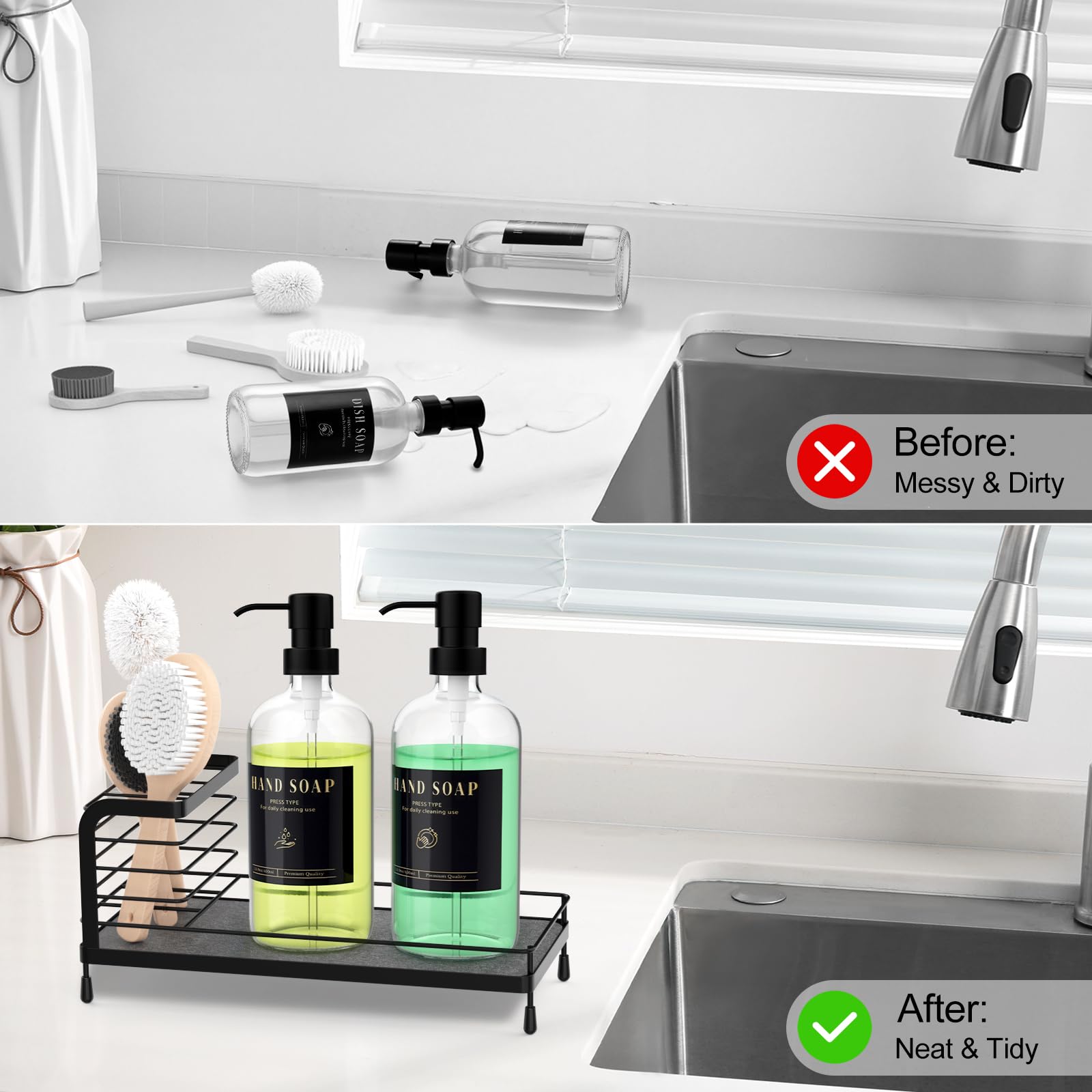 Luxspire Kitchen Soap Dispenser Set - 17oz Dual Glass Bottle, Hand Soap and Dish Soap Dispenser Set with Diatomaceous Earth Tray, Kitchen Sink Organizer for Kitchen Sink or Bathroom Countertop, Black
