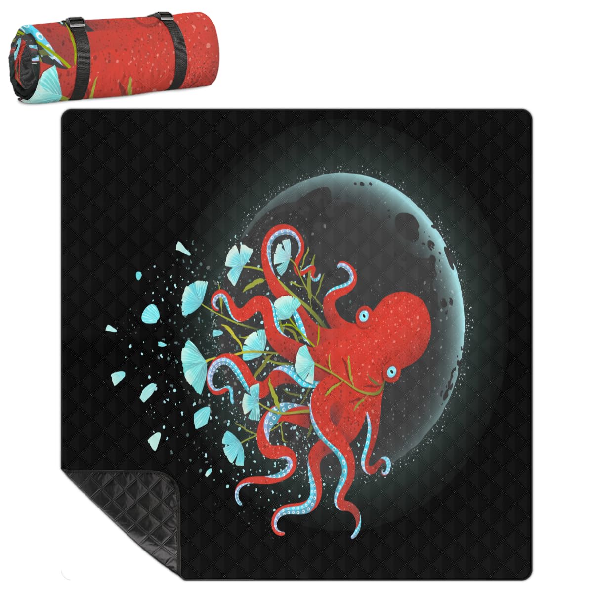 Shimoshe Extra Large Picnic Blankets 79”x 79”, Space Octopus Waterproof Foldable Picnic Mat with Straps Portable Beach Blanket for Camping Park Grass Beach Indoor