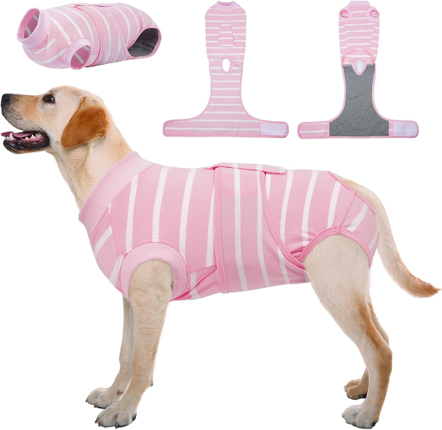 Kuoser Recovery Suit for Dogs After Surgery, Soft Dog Surgery Suit Female Anti Licking Dog Onesie E-Collar & Cone Alternative, Breathable Pet Surgical Recovery Shirt, Pink Strips XL