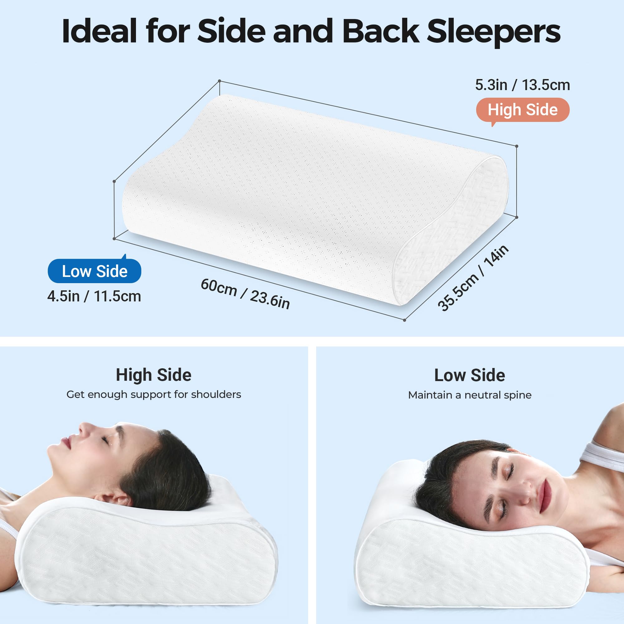 Elviros Ergonomisches Nackenstützkissen aus Memory Foam, Höhenverstellbares Sandwichkissen für Seiten- und Rückenschläfer, Kissen mit Abnehmbarem Atmungsaktivem Bezug, 60x35,5x13,5cm