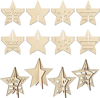 COCHIE DIY 3D 4th of July Stars Wood Crafts to Paint, Paintable Unfinished Wooden Slices for Craft, Memorial Day Veterans Day Star Cutouts Ornaments for Painting Decorations (24 PCS)