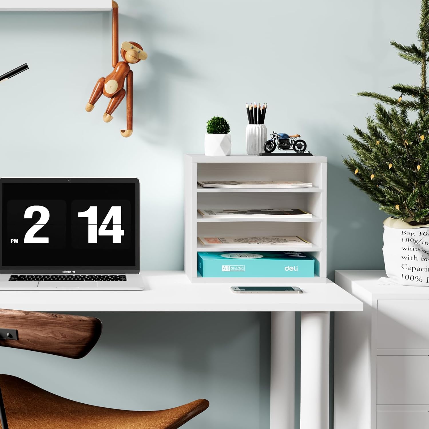 4 Fächer Aktenablage, Schreibtisch Ordner Organizer Holz, Stapelbar Dokumentenablage für Büro, A4 Aktenhalter, Multifunktionaler Briefablage für Papier, Magazin, Bürobedarf, Weiß