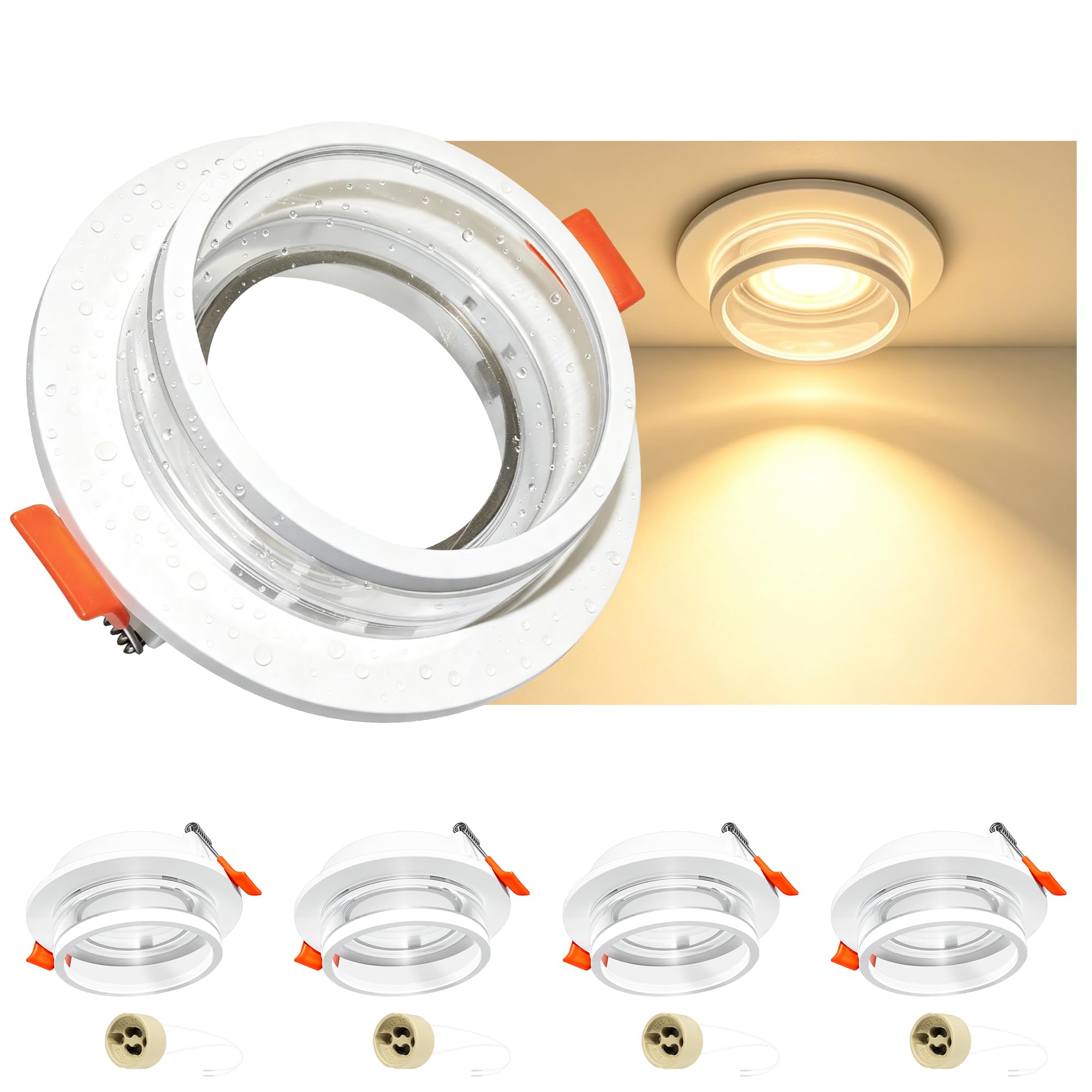 Aulaiyi 4er GU10 Einbaustrahler Set, IP44 Einbaurahmen mit GU10 Fassung, Blendfrei mit Halo-Effekt, Lochmaß Ø72–80 mm, für Bad & Küche, Schlafzimmer, Wohnzimmer, Vergilbungsfrei, Ohne Leuchtmittel