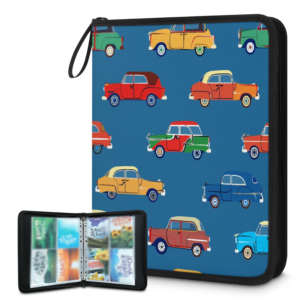 Sammelkartenbinder 4 Taschen, 400 Taschen, doppelseitige Karten-Aufbewahrungstasche mit abnehmbaren Hüllen, bunte Autos, Cartoon-Druck, Kartenhalter, Albumschutz-Set für Sammler