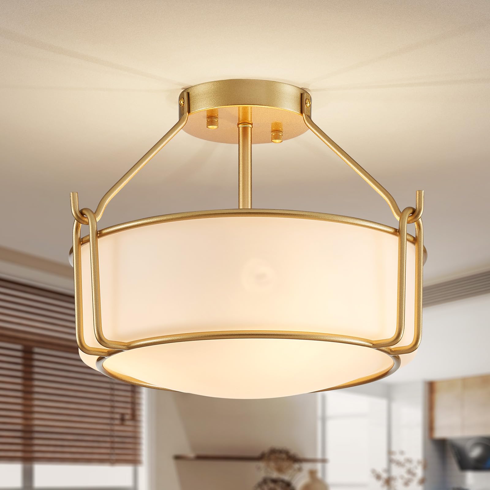 Photo 1 of WUZUPS Chandelier 3-Light Semi-Flush Mount Ceiling Light Frosted White Glass Shade Modern Lighting Fixture for Diningroom Hallway Kitchen Bathroom, H 10" x W 14.8", E12 Base, Gold