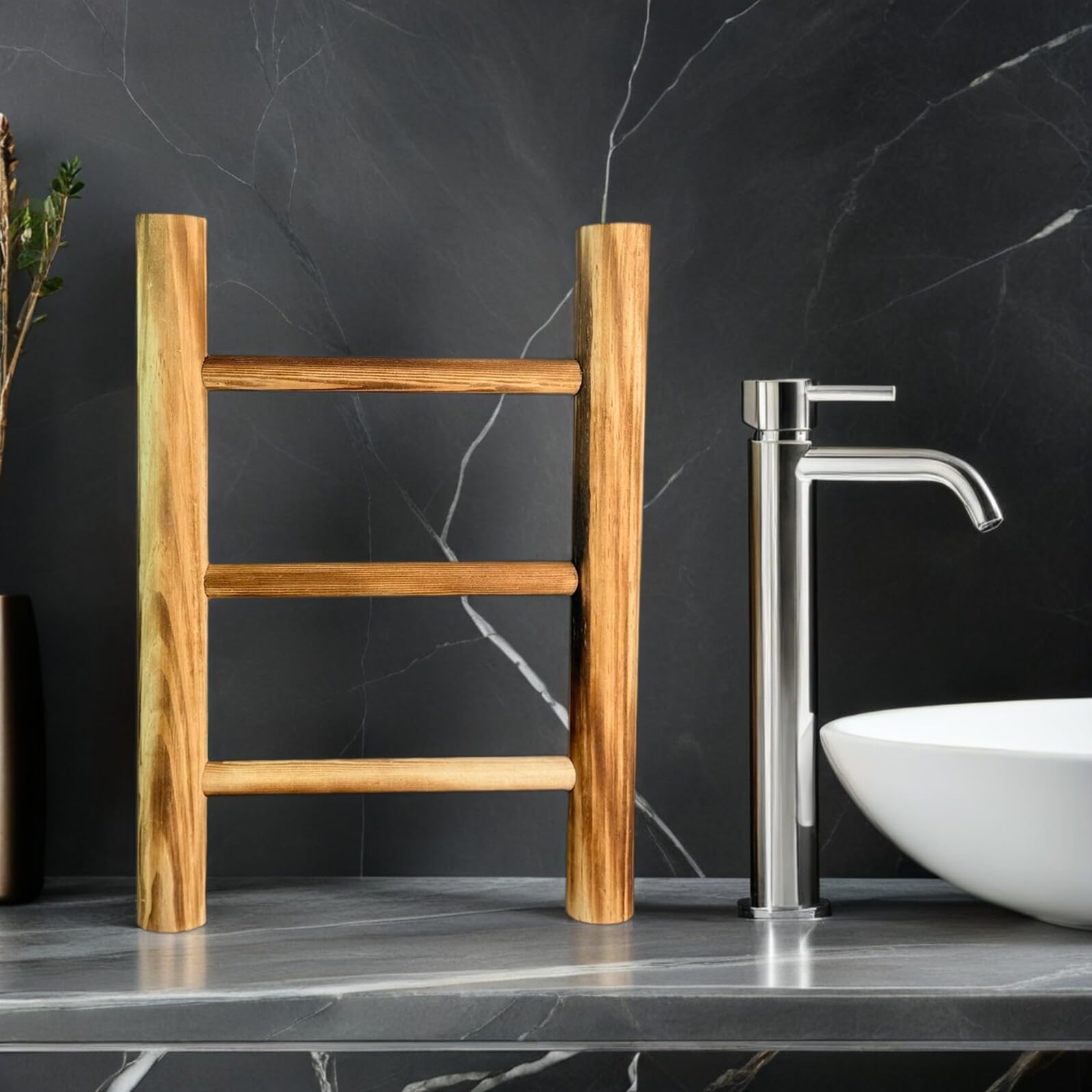 Portasciugamani in Legno Rustico a Scala a 2 Livelli, Mensola Mini Compatta da Appoggio per Bagno, Cucina e Natale, Scala Decorativa per Asciugamani e Accessori Essenziali