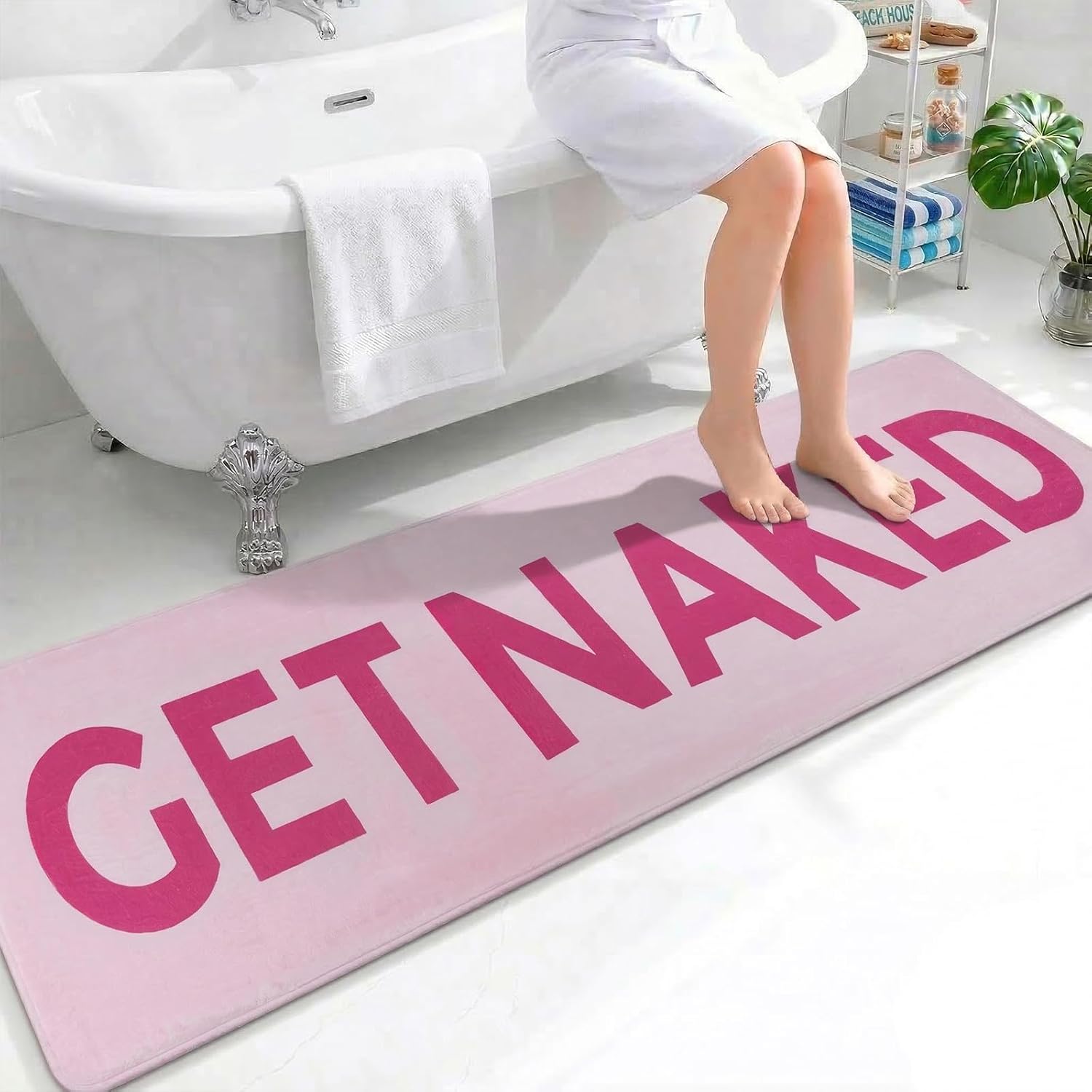 Bathroom Rug Runner 2x6, Thick Anti-Fatigue Non-Slip Memory Foam Kitchen Runner Mat, Funny Get Naked Printed, Absorbent Washable Cushioned Carpet for Double Vanity, Shower,Laundry