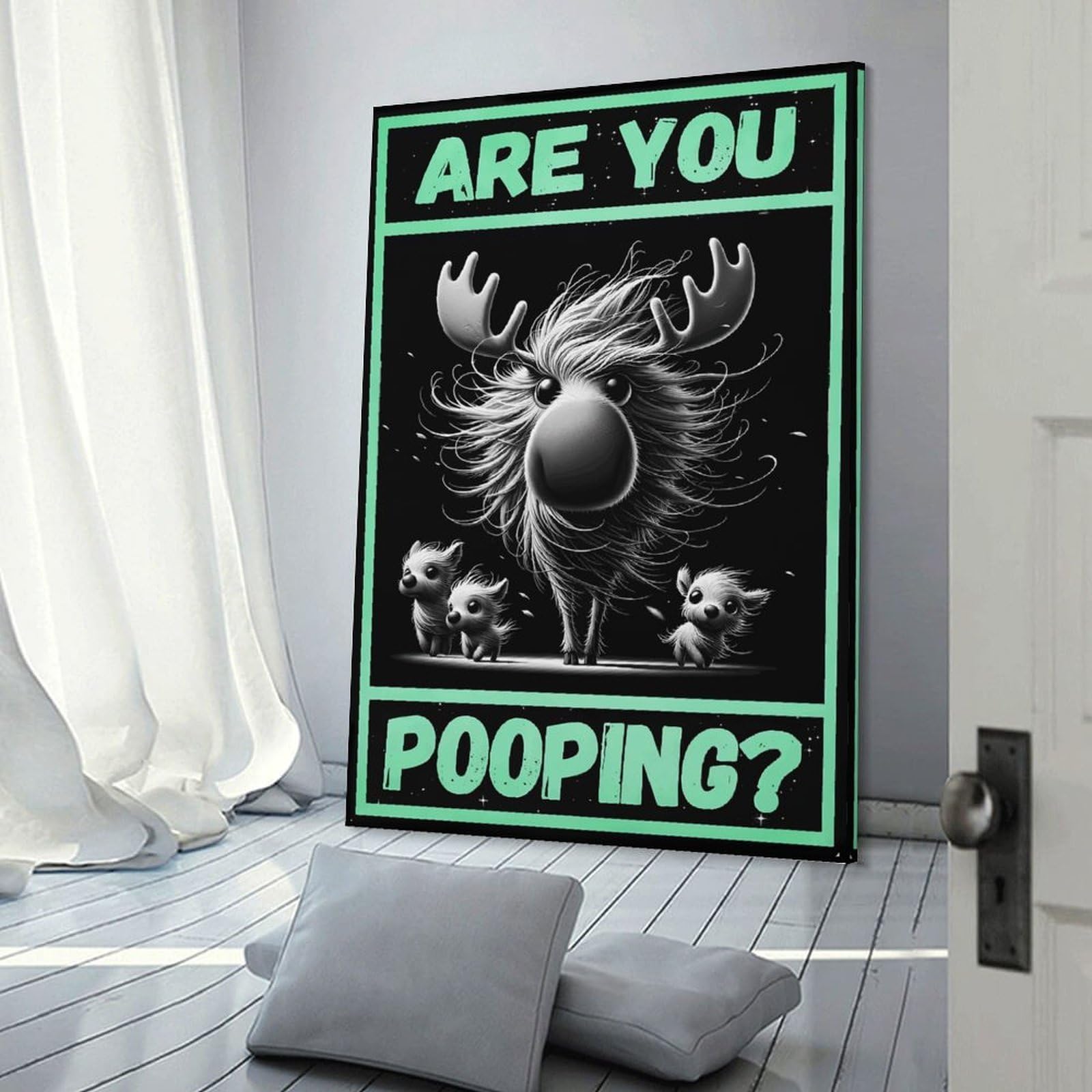 Junmoney Frame-Style-24 Moose Are You Pooping Wall Decor Canvas Print, 16X24inch(40X60cm), For Lounge, Bedroom Or Personal Spaces, Thoughtful Wall Decor For Art Lovers