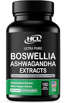 Boswellia Extract 65% Boswellic Acid and Ashwagandha Capsules - Strong Natural Support Pills 3 Month Supply - Consentrated Boswellia Serrata with Ashwagandha Powder Supplement - Non GMO - Made in USA