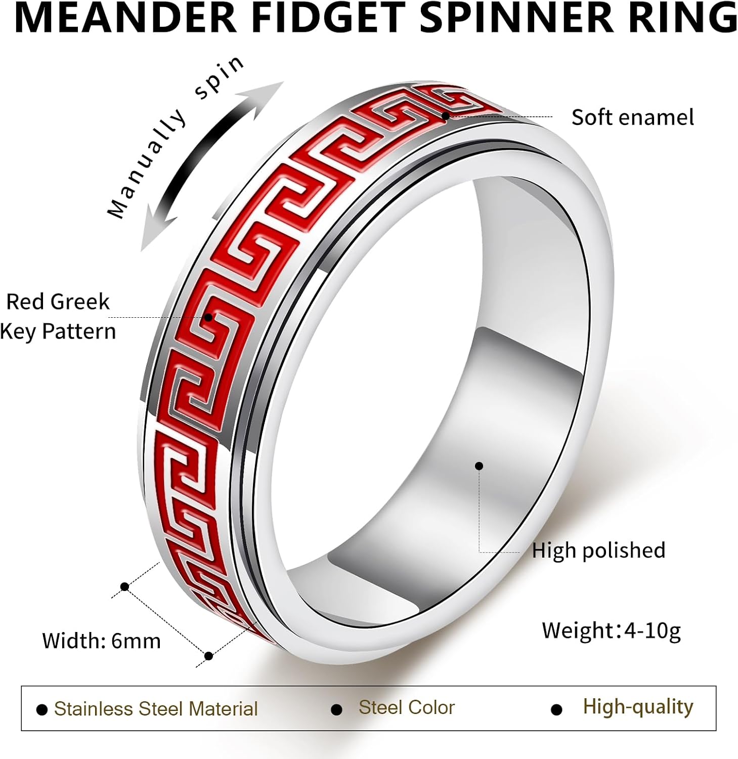 Spinner Fidget Ring for Adults - Red Greek Key Stainless Steel Spinning Ring for Anxiety & Stress Relief, Office Desk, Study, Travel, Classic Vintage Meander Jewelry Gifts for Women & Men (Silver, 9)