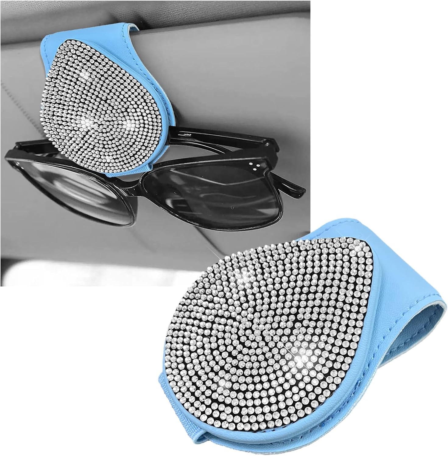 KVAEY Bling Sunglass Holder for Car Visor, Magnetic Leather Visor Clip Glasses Holder with Sparkling Rhinestones, Crystal Visor Ticket Card Clip for Women Girls, Car Accessories (Blue & White)