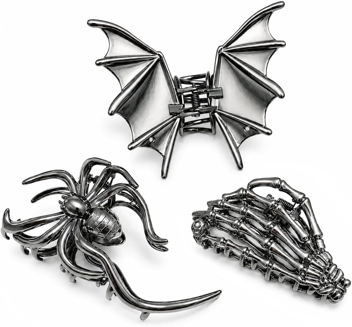 Parcce 3 PCS Gothic Hair Claw Clips for Women, Metallic Black Bat Spider Skeleton Hand Hair Clips, Strong Hold Halloween Hair Accessories for Thick Thin Hair, Costume Party Everyday Styling Gifts