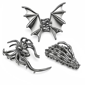 Parcce 3 PCS Gothic Hair Claw Clips for Women, Metallic Black Bat Spider Skeleton Hand Hair Clips, Strong Hold Halloween Hair Accessories for Thick Thin Hair, Costume Party Everyday Styling Gifts