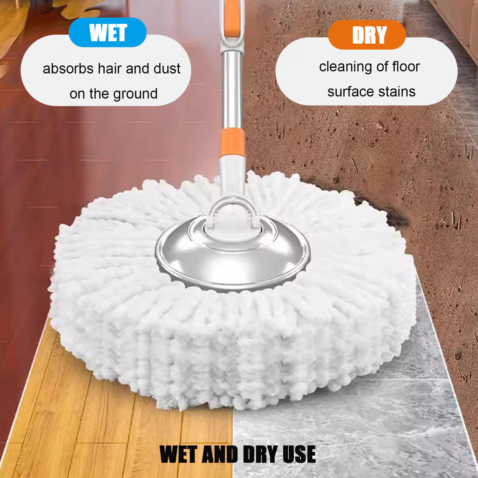 Este Juego de fregona y Cubo Giratorio de 360° con escurridor Incluye 5 recambios de Cabezales de Microfibra, 1 Cepillo para Suelos y un Sistema de fregona y Cubo Giratorio de Acero inoxidab